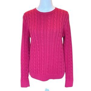 LL Bean Cable Knit Sweater Fuchsia Pink Cotton Womens Size Small